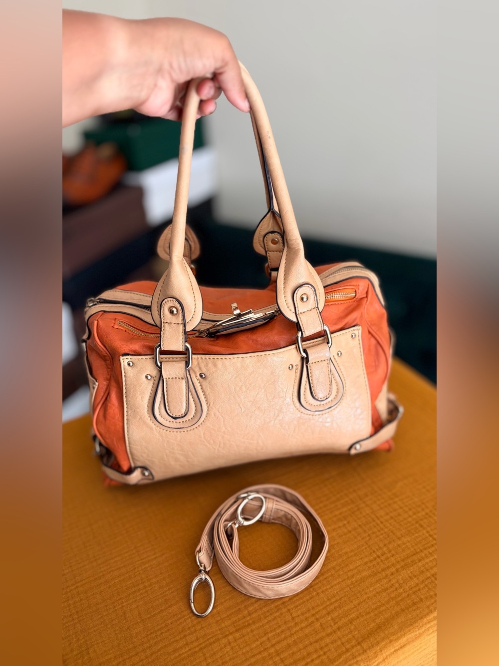 Pre-Loved Moda Luxe Orange & Beige Faux Leather Satchel Crossbody